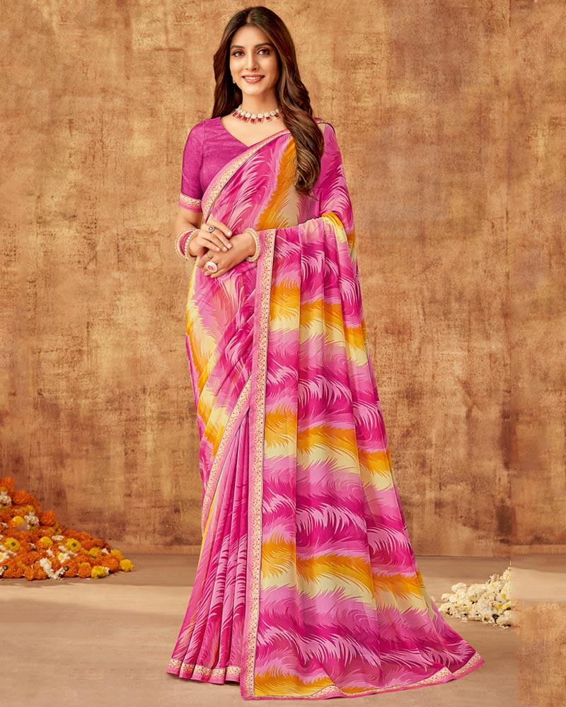Vishal Prints Carnation And Burnt Pink Printed Georgette Saree With Fancy Border