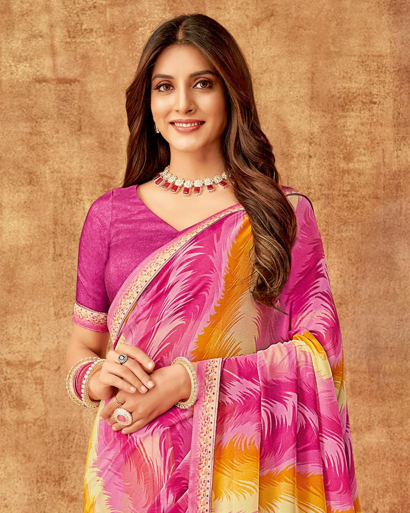 Vishal Prints Carnation And Burnt Pink Printed Georgette Saree With Fancy Border
