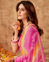 Vishal Prints Carnation And Burnt Pink Printed Georgette Saree With Fancy Border
