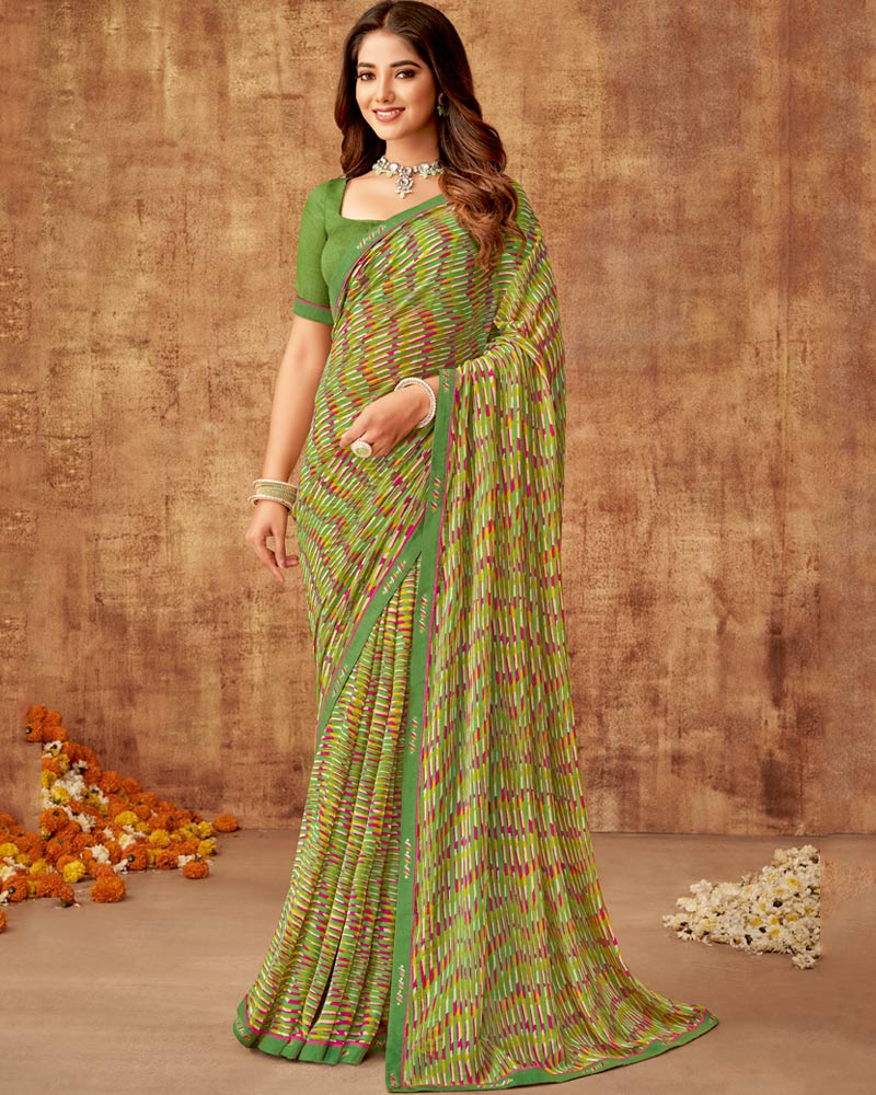 Vishal Prints Moss Green Printed Georgette Saree With Fancy Border