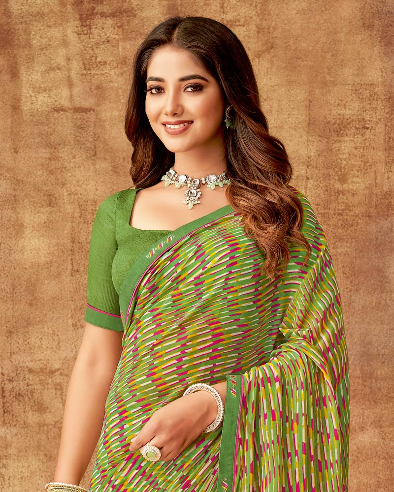 Vishal Prints Moss Green Printed Georgette Saree With Fancy Border