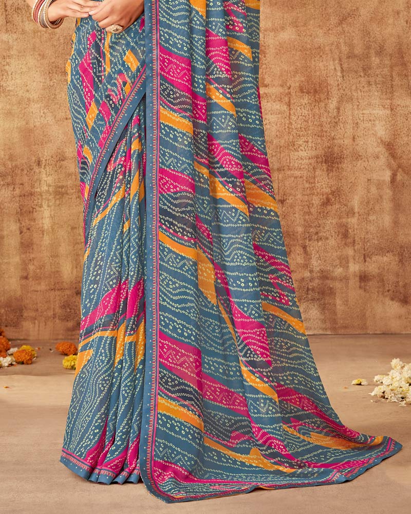Vishal Prints Greyish Blue Printed Georgette Saree With Fancy Border