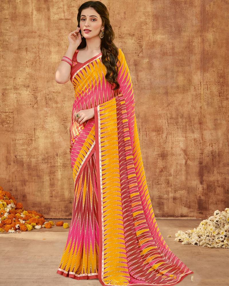 Vishal Prints Dark Orange And Mandy Pink Printed Georgette Saree With Fancy Border