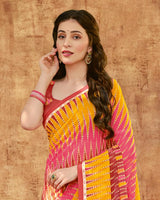 Vishal Prints Dark Orange And Mandy Pink Printed Georgette Saree With Fancy Border