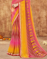 Vishal Prints Dark Orange And Mandy Pink Printed Georgette Saree With Fancy Border