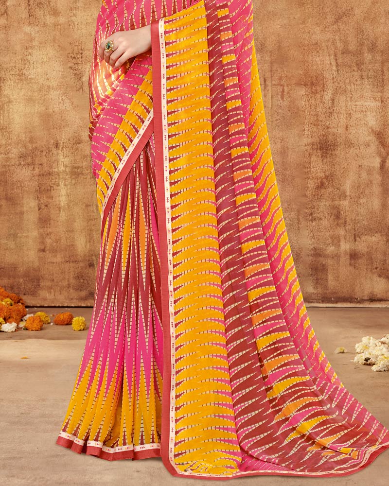 Vishal Prints Dark Orange And Mandy Pink Printed Georgette Saree With Fancy Border