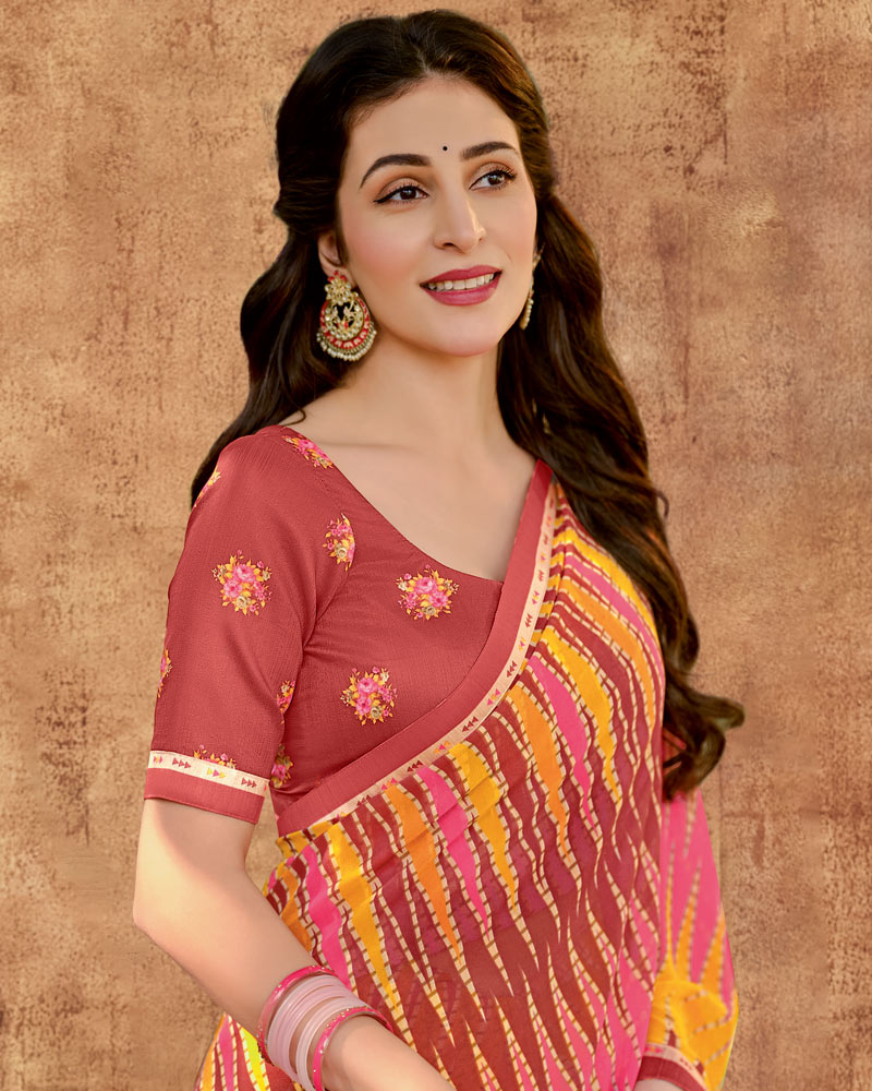 Vishal Prints Dark Orange And Mandy Pink Printed Georgette Saree With Fancy Border