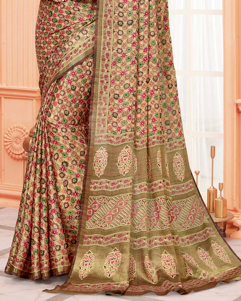Vishal Prints Dark Sand And Multi Digital Print Brasso Saree