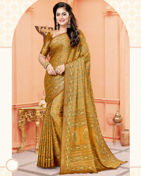 Vishal Prints Rich Gold Digital Print Brasso Saree