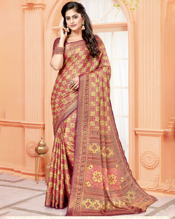 Vishal Prints Pastel Red Digital Print Brasso Saree