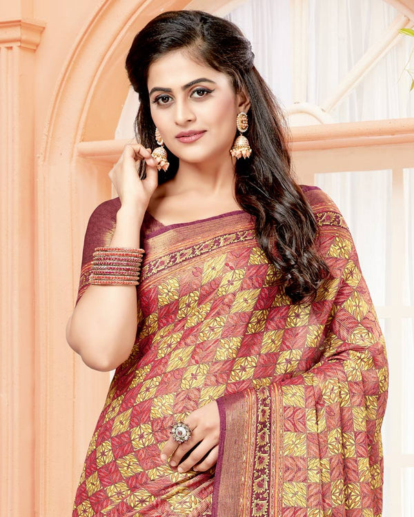 Vishal Prints Pastel Red Digital Print Brasso Saree