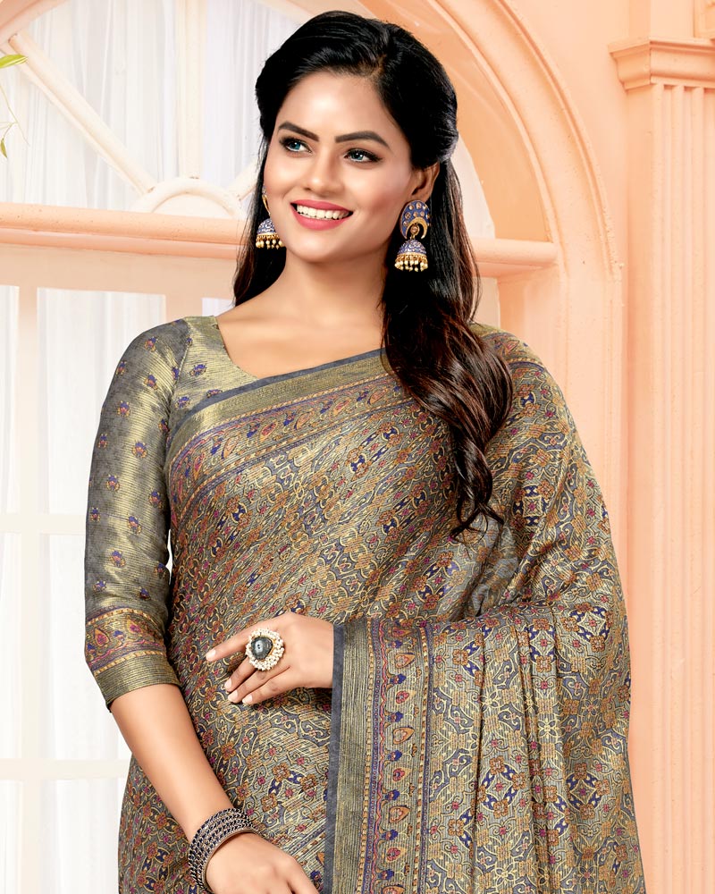 Vishal Prints Grey Digital Print Brasso Saree