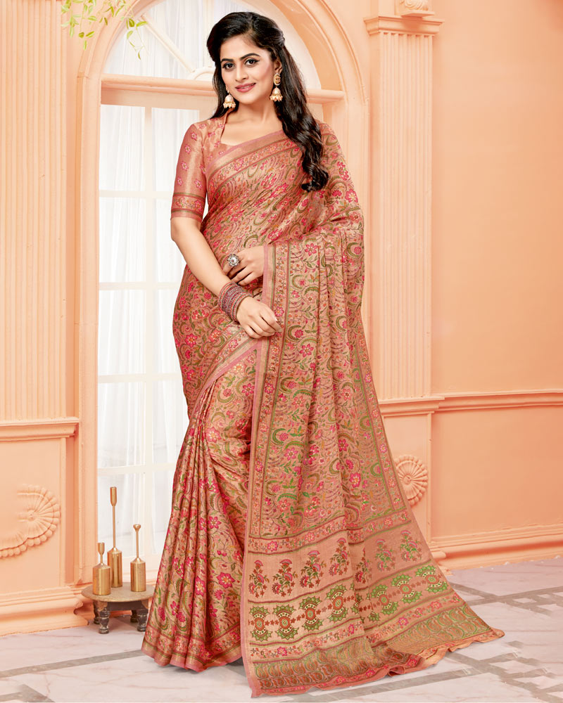 Vishal Prints Pastel Red Digital Print Brasso Saree