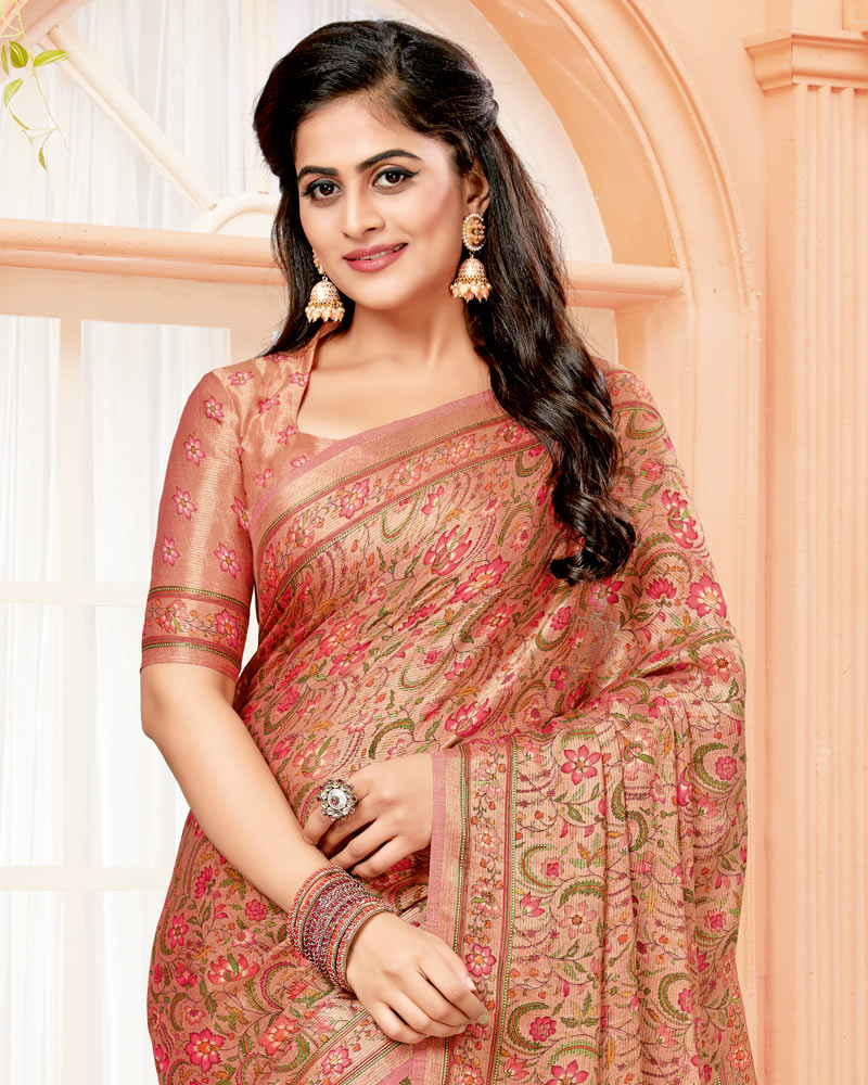 Vishal Prints Pastel Red Digital Print Brasso Saree