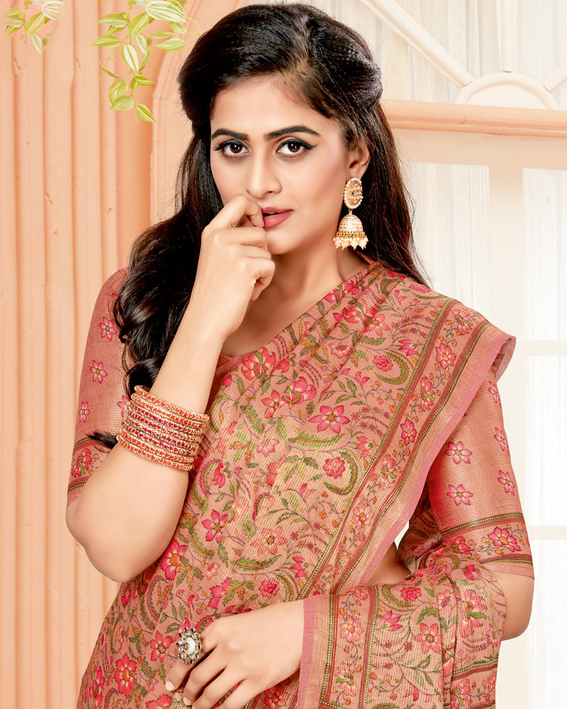 Vishal Prints Pastel Red Digital Print Brasso Saree