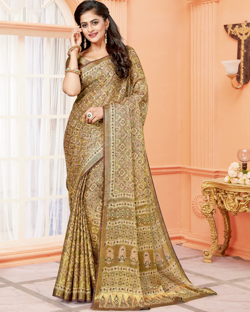 Vishal Prints Dark Sand Digital Print Brasso Saree