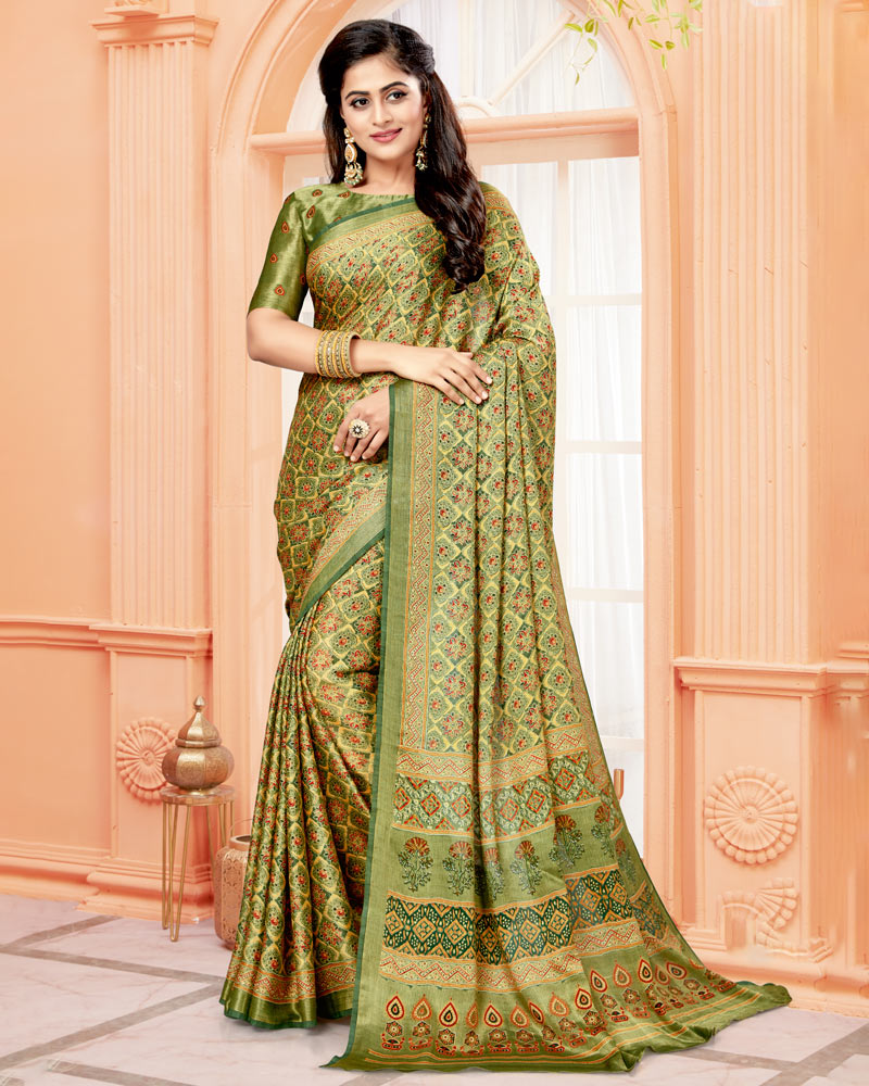 Vishal Prints Khaki Green Digital Print Brasso Saree