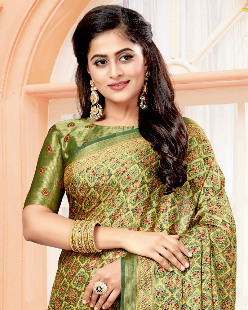 Vishal Prints Khaki Green Digital Print Brasso Saree
