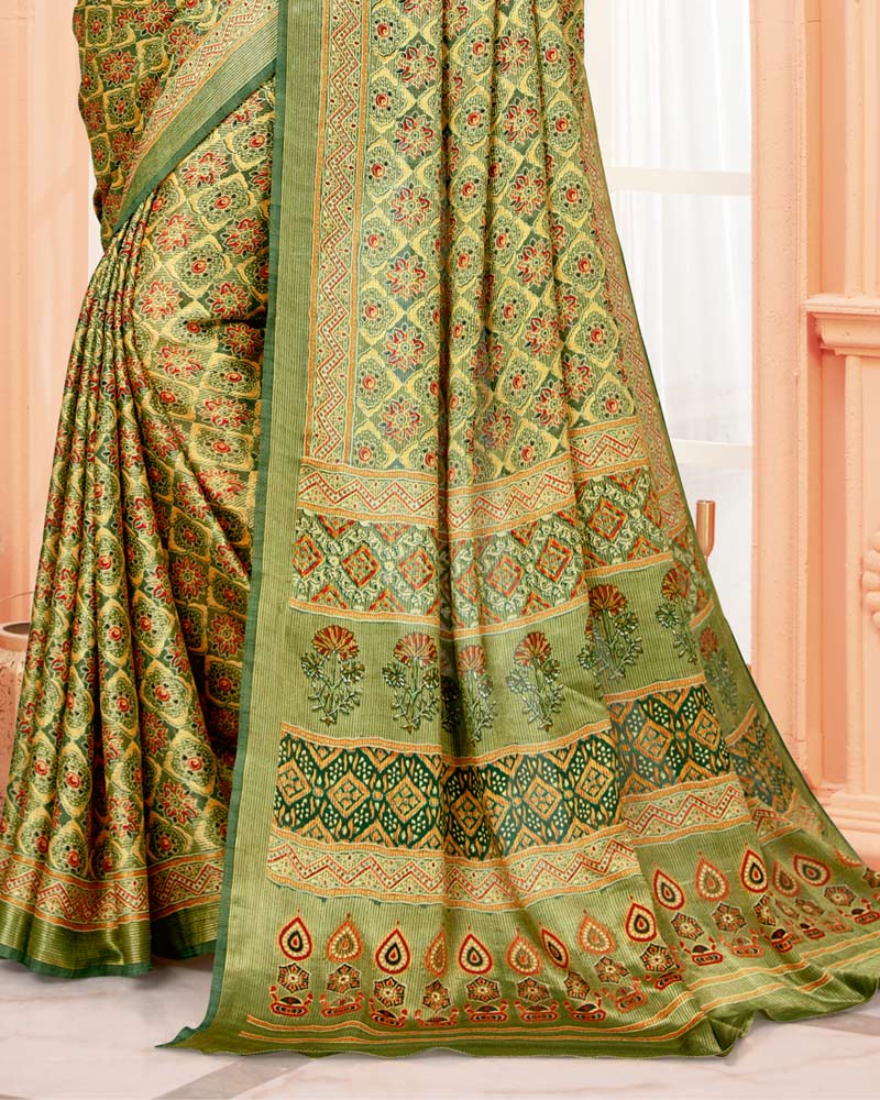 Vishal Prints Khaki Green Digital Print Brasso Saree
