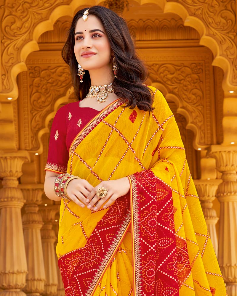 Vishal Prints Chili Red Printed Chiffon Bandhani Print Saree With Foil Print And Fancy Border