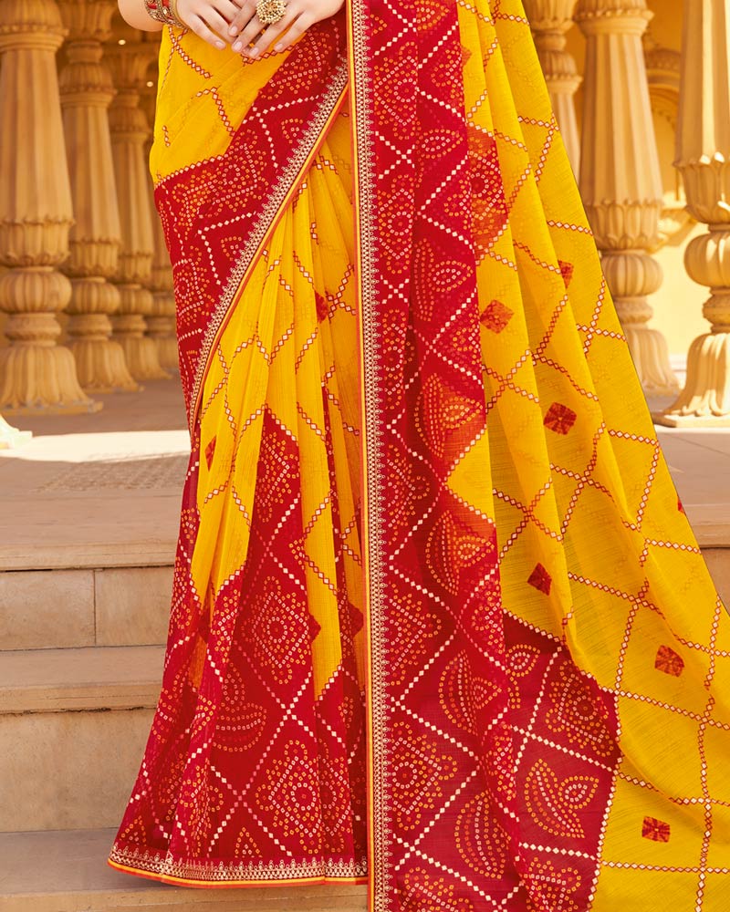 Vishal Prints Chili Red Printed Chiffon Bandhani Print Saree With Foil Print And Fancy Border