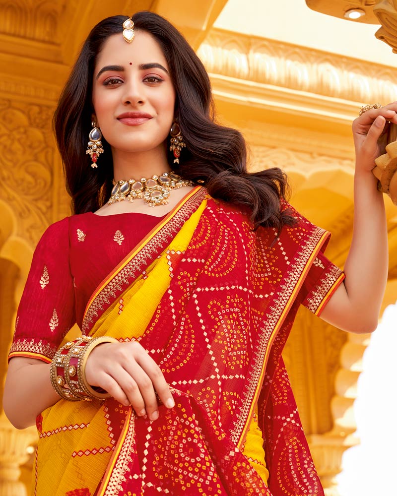 Vishal Prints Chili Red Printed Chiffon Bandhani Print Saree With Foil Print And Fancy Border