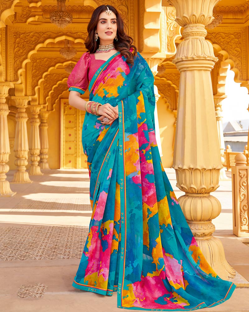 Vishal Prints Ocean Blue Printed Chiffon Saree With Fancy Border