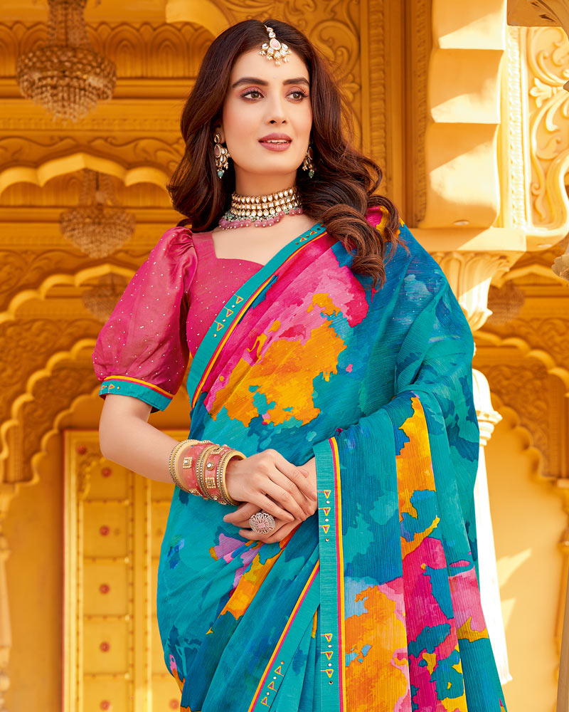 Vishal Prints Ocean Blue Printed Chiffon Saree With Fancy Border