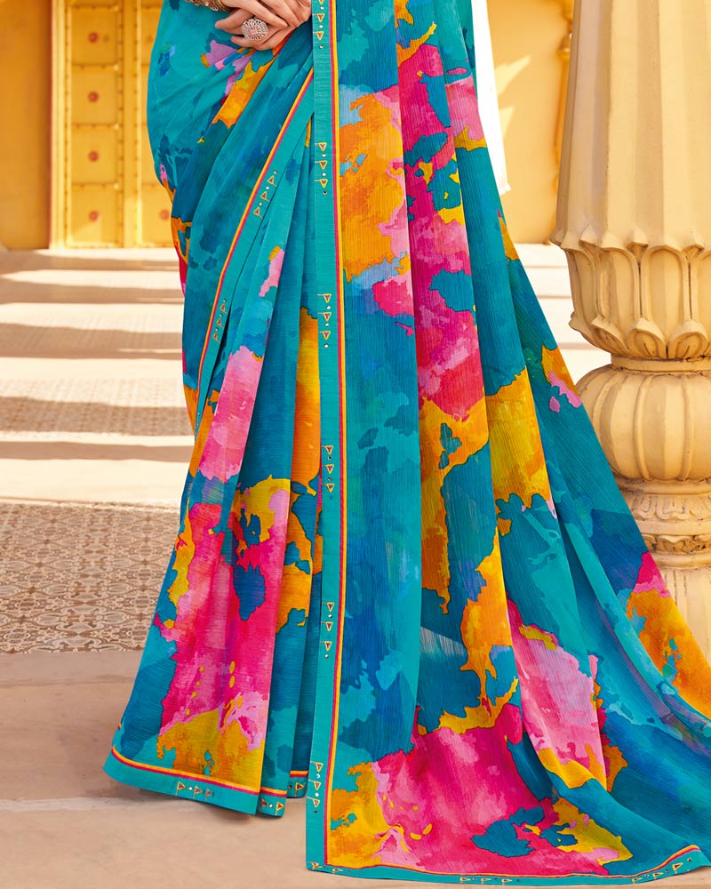 Vishal Prints Ocean Blue Printed Chiffon Saree With Fancy Border