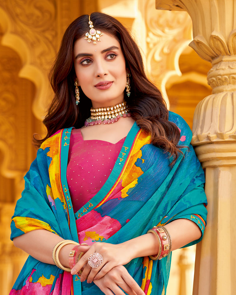 Vishal Prints Ocean Blue Printed Chiffon Saree With Fancy Border