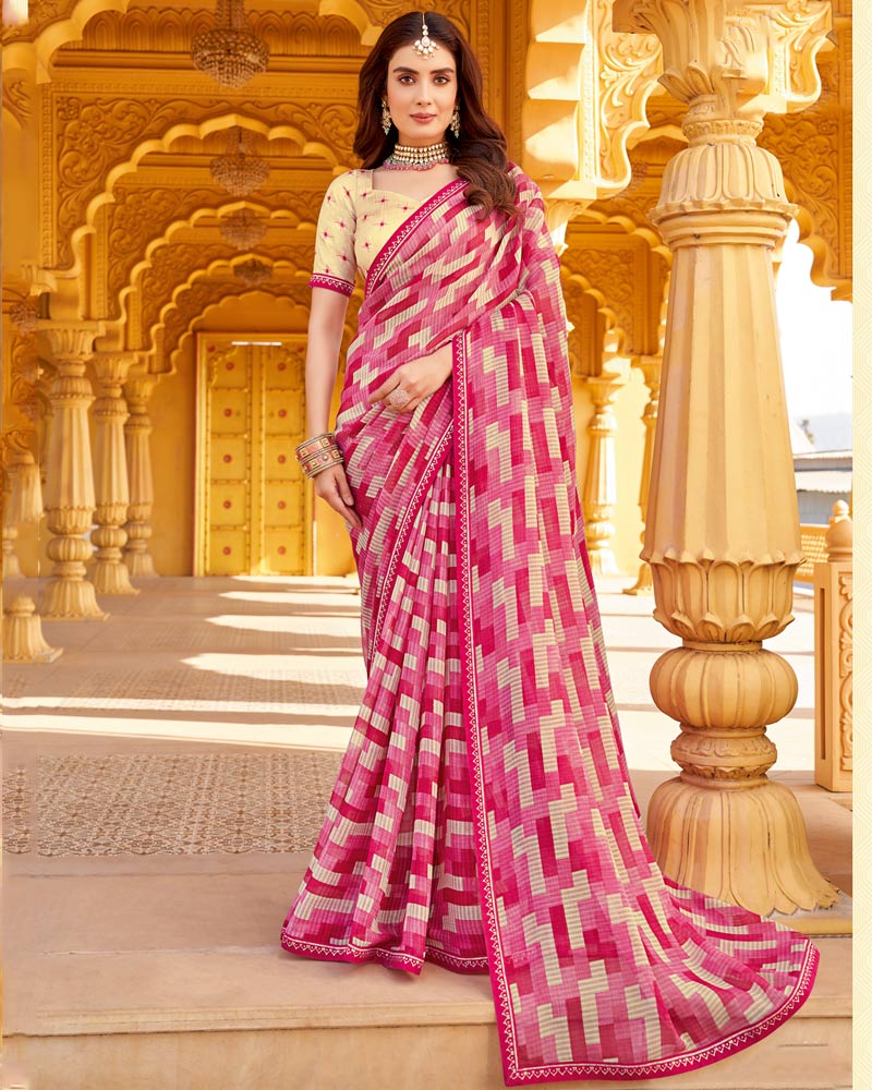 Vishal Prints Blush Pink Printed Chiffon Saree With Fancy Border