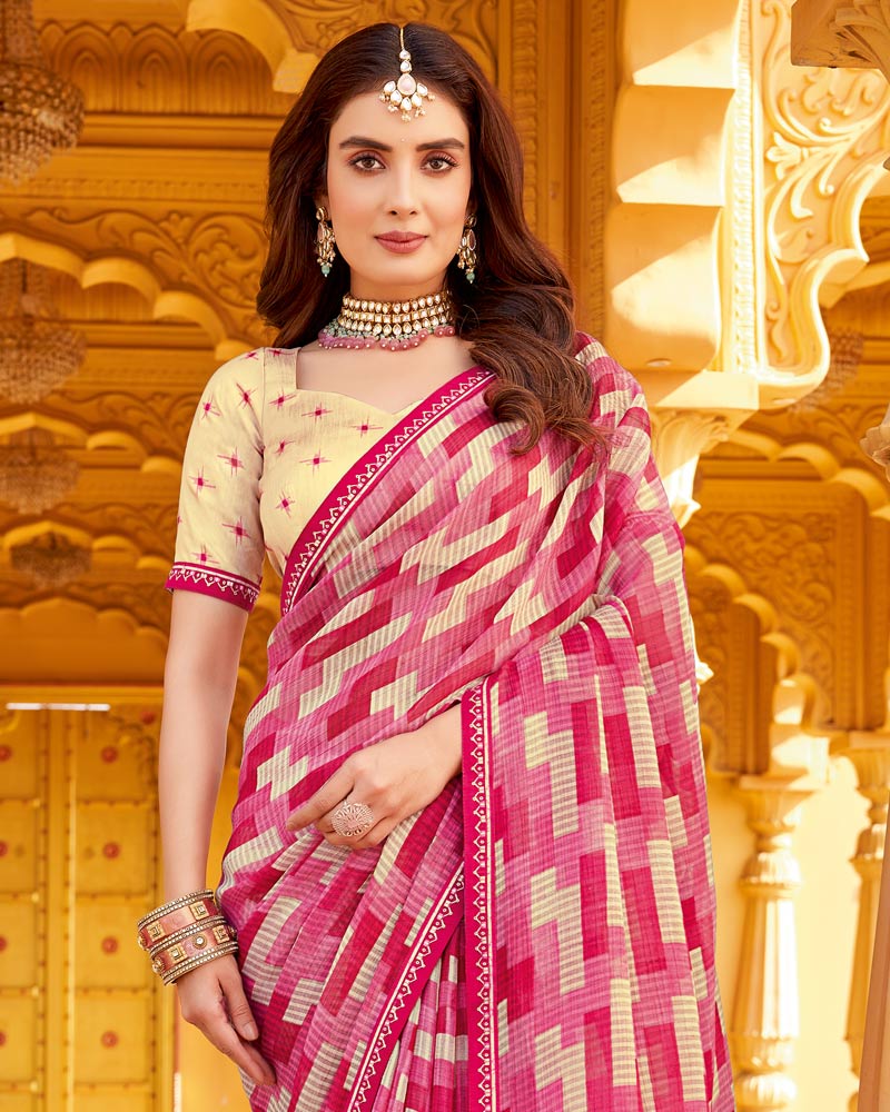 Vishal Prints Blush Pink Printed Chiffon Saree With Fancy Border