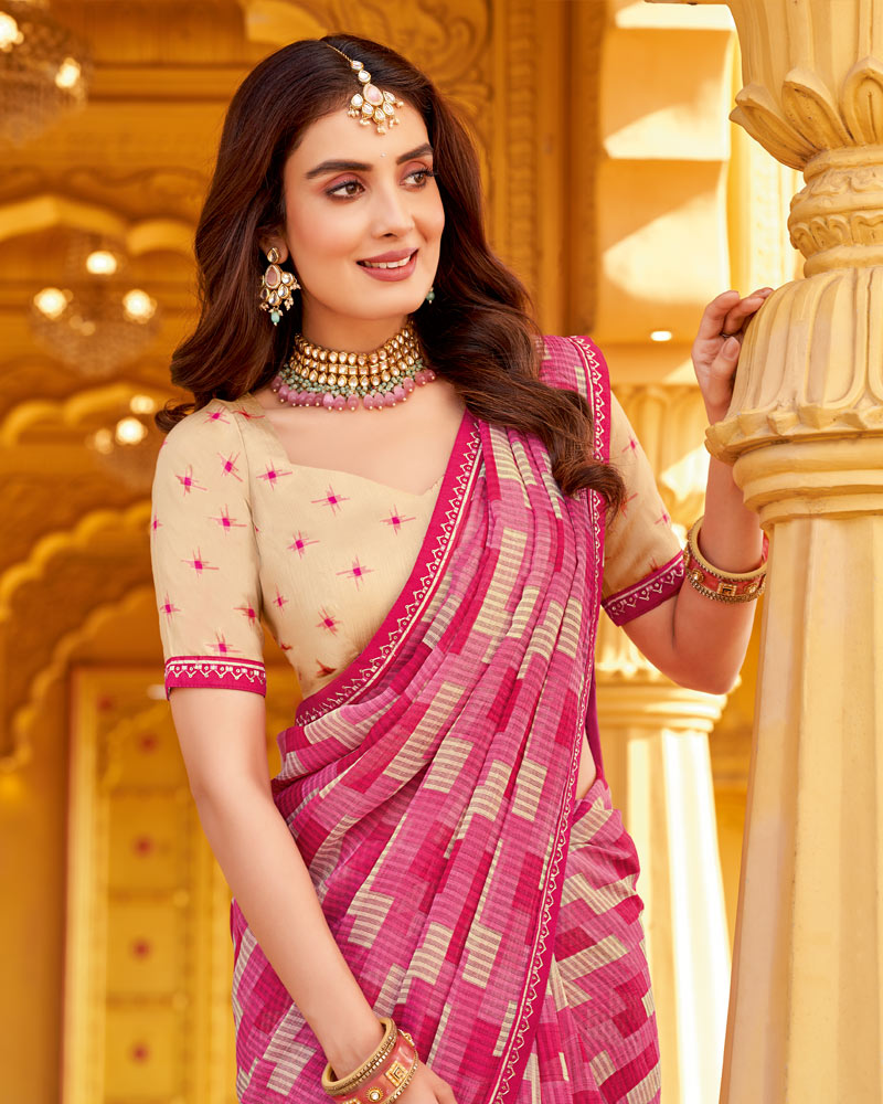 Vishal Prints Blush Pink Printed Chiffon Saree With Fancy Border