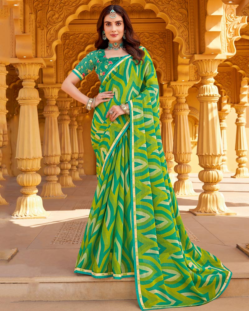 Vishal Prints Avocado Green Printed Chiffon Saree With Fancy Border
