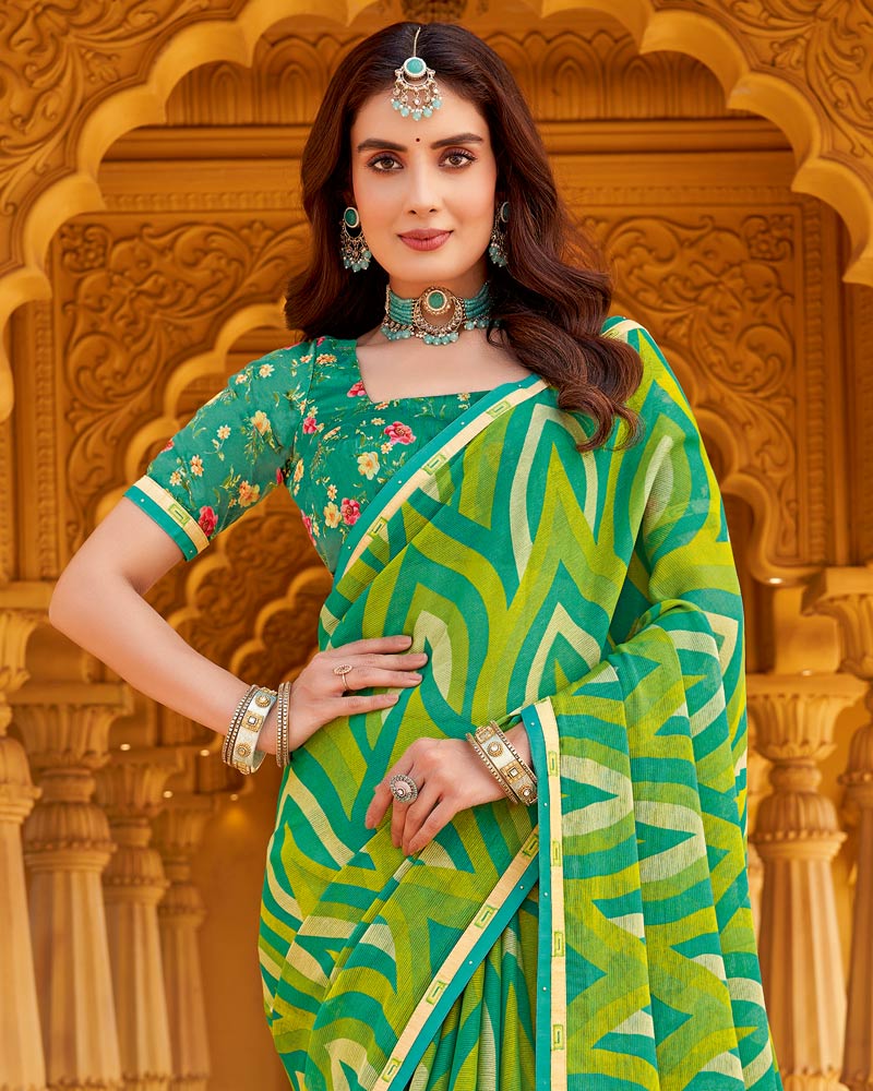 Vishal Prints Avocado Green Printed Chiffon Saree With Fancy Border