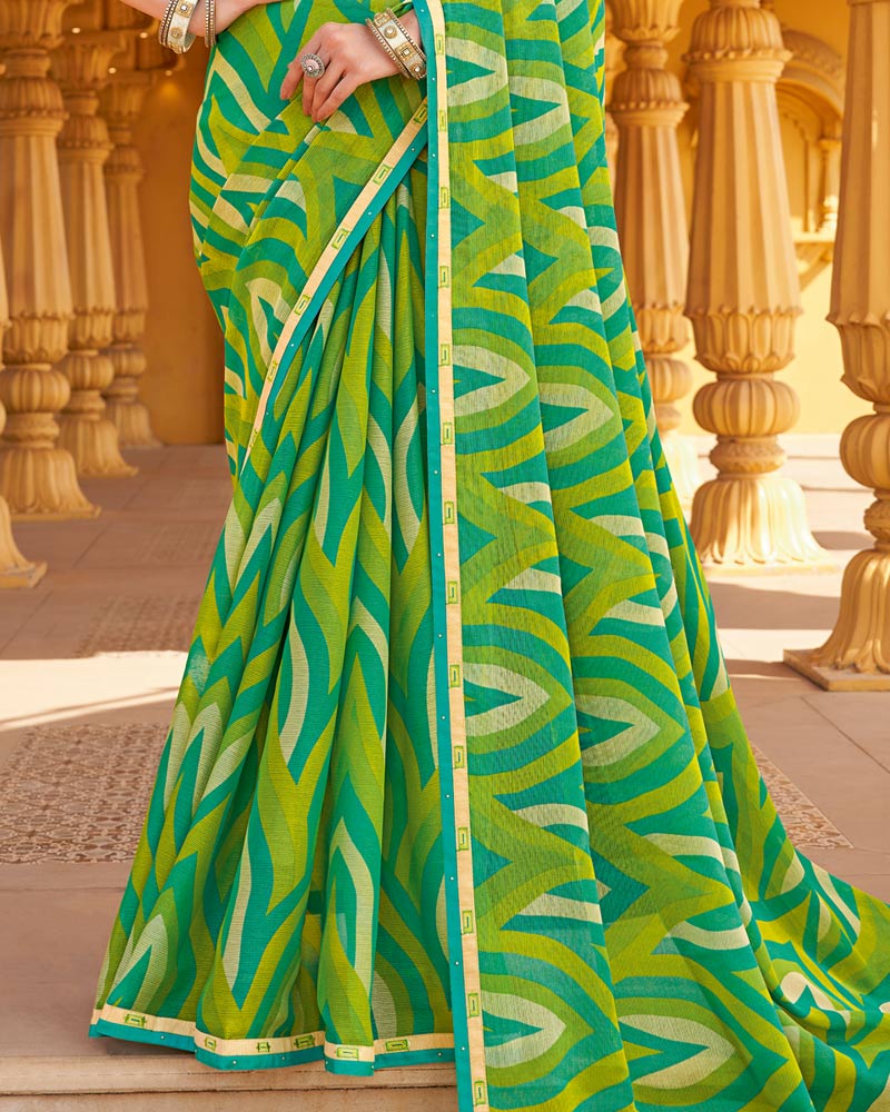 Vishal Prints Avocado Green Printed Chiffon Saree With Fancy Border