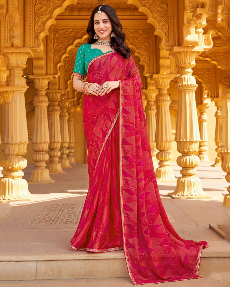 Vishal Prints Pinkish Red Printed Chiffon-Brasso Saree With Fancy Border