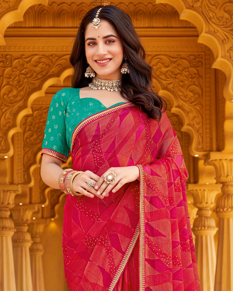 Vishal Prints Pinkish Red Printed Chiffon-Brasso Saree With Fancy Border