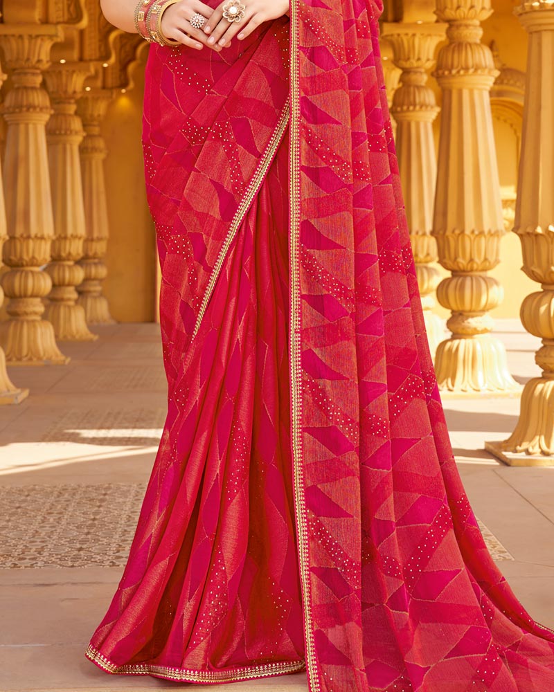 Vishal Prints Pinkish Red Printed Chiffon-Brasso Saree With Fancy Border