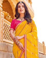 Vishal Prints Yellowish Orange Printed Georgette Saree With Foil Print And Zari Border