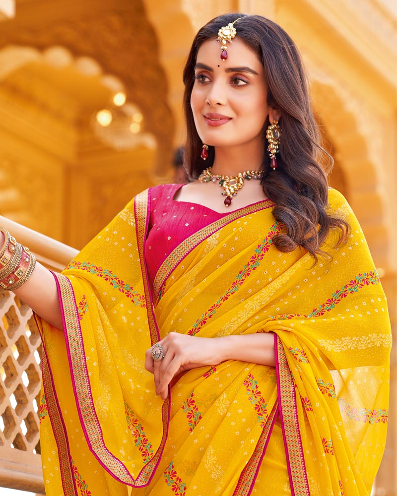 Vishal Prints Yellowish Orange Printed Georgette Saree With Foil Print And Zari Border