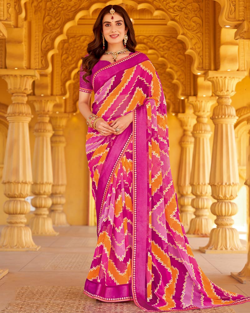 Vishal Prints Burnt Pink Printed Georgette Saree With Foil Print And Weaved Satin Patta Border