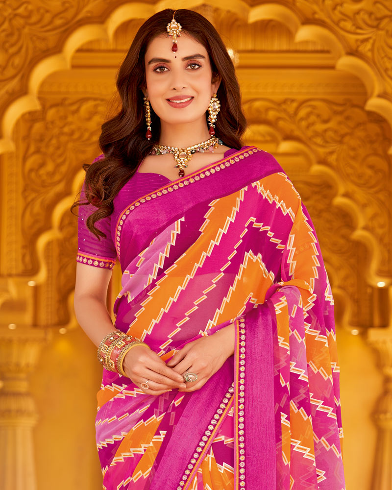 Vishal Prints Burnt Pink Printed Georgette Saree With Foil Print And Weaved Satin Patta Border