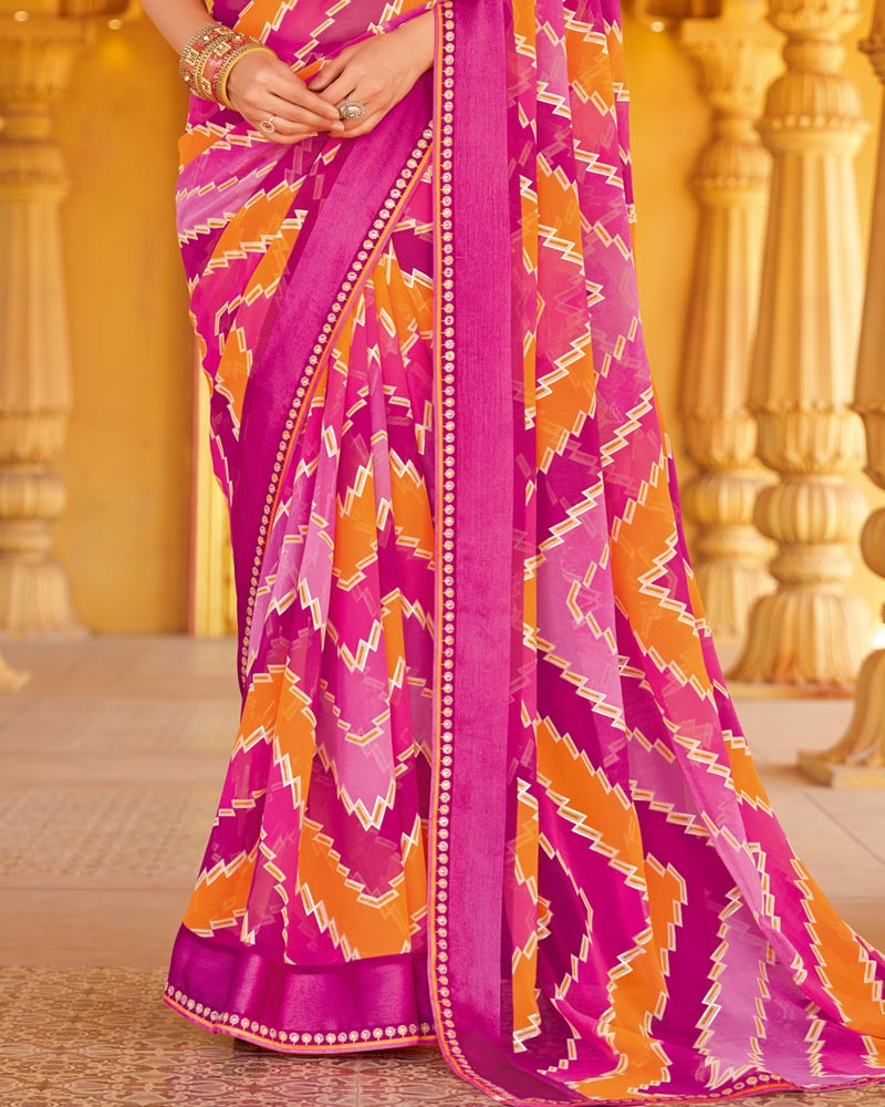 Vishal Prints Burnt Pink Printed Georgette Saree With Foil Print And Weaved Satin Patta Border