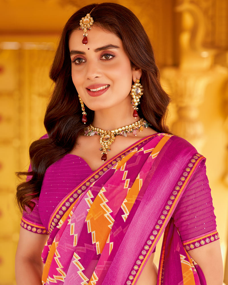 Vishal Prints Burnt Pink Printed Georgette Saree With Foil Print And Weaved Satin Patta Border