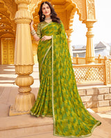 Vishal Prints Dark Olive Yellow Printed Brasso Saree With Diamond Work And Fancy Border