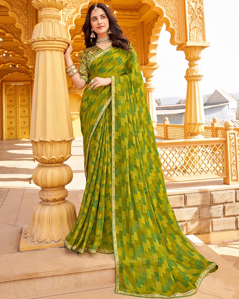 Vishal Prints Dark Olive Yellow Printed Brasso Saree With Diamond Work And Fancy Border