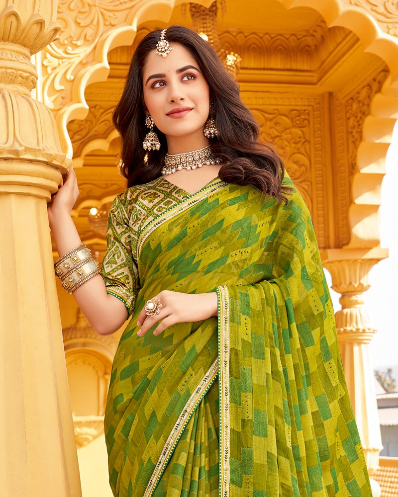 Vishal Prints Dark Olive Yellow Printed Brasso Saree With Diamond Work And Fancy Border