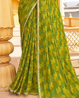 Vishal Prints Dark Olive Yellow Printed Brasso Saree With Diamond Work And Fancy Border