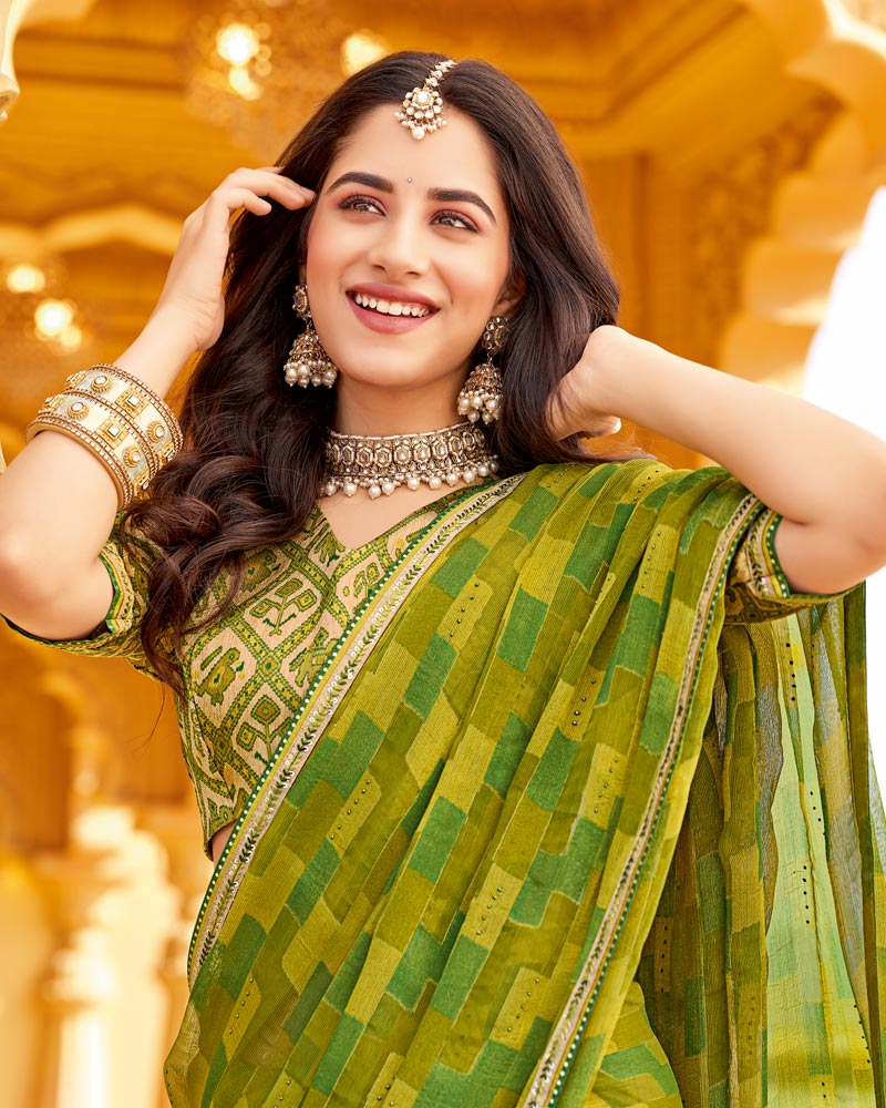 Vishal Prints Dark Olive Yellow Printed Brasso Saree With Diamond Work And Fancy Border